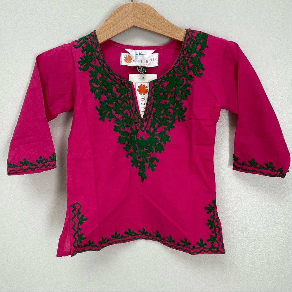 Handmade Tunic blouse, raspberry pink with dark green embroidery